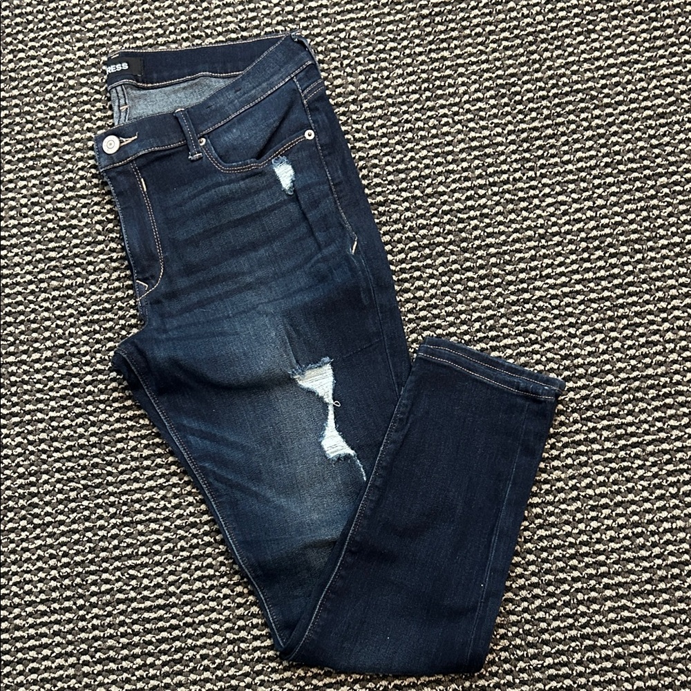 Express Women's Navy Distressed Skinny Jeans